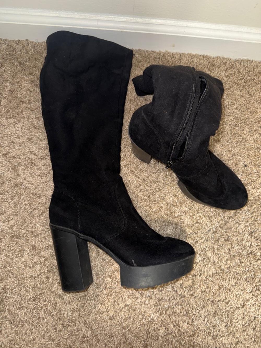 Women's Black Suede High Heel Platform Boots